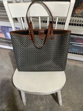 Fossil Women’s Leather Tote | Black & White Dot Pattern with Brown Trim